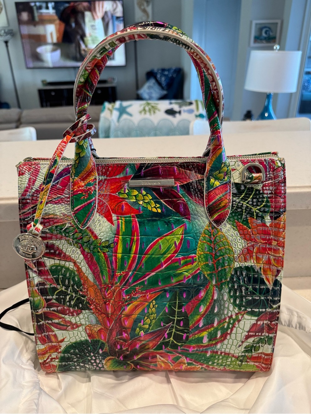 Brahmin Multicolor Floral Embossed Satchel - Pink, Green, Orange - Picture 2 of 6